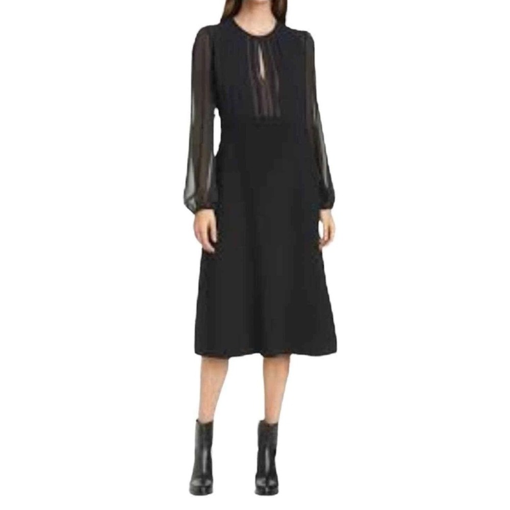Seventy Venezia Pleated Mixed Media‎ Dress IT 42 Black Chiffon Sleeve Midi